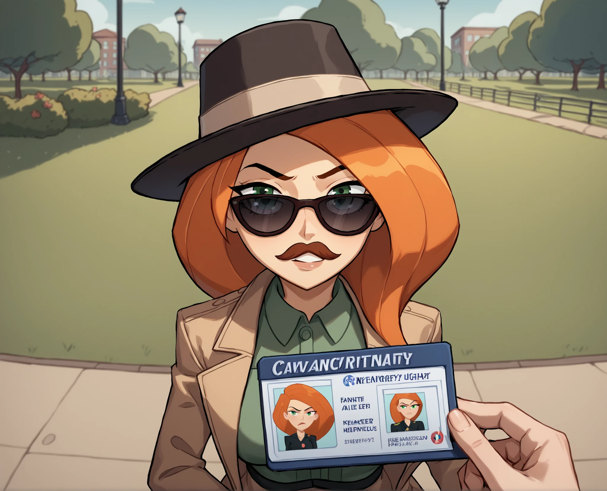 score_9, score_8_up, score_7_up, source_cartoon BREAK 1girl, ID card, POV, kim possible, orange hair, sunglasses, fedora, fake mustache, medium breasts, perky breasts, overcoat, park night, outdoors, hetero, disguise, secret agent,  <lora:POV_holding_ID:1>, kimberly ann possible, hat, trench coat, spy, looking at viewer, cowboy, shot, close up of ID card, rating_safe