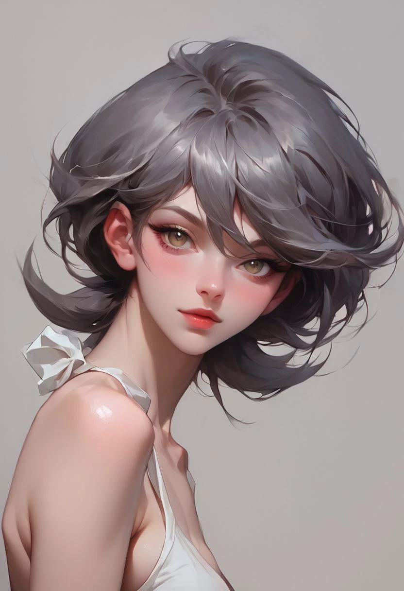 score_9, score_8_up, score_7_up, 1girl, anime artwork, 2d art, (lora:Momoe:1.5), grey background, (upper body:1.5), (3/4 view:1.2), dark grey hair color, (seductive pose:1.5), nsfw,