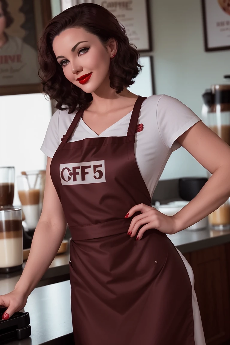 <lora:lyndacarter-05:0.7>,,lyndacarter, ((red lipstick, blush)), ,photo of a woman, RAW, ((barista uniform, apron, coffee)), ((short hair, dark red hair)), ((in a coffee shop)), , ((detailed skin, detailed face):1.2), ((detailed eyes, beautiful eyes)), 8k uhd, dslr, soft lighting, high quality, film grain, Fujifilm XT3 sharp focus, f 5.6,((red lipstick, pale skin)) , smiling