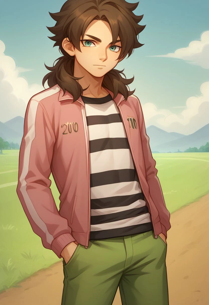 score_9, score_8_up, source_anime, highly detailed, 1boy, male_focus, solo,
skinny,
caleb, solo, 1boy, male focus, brown hair, jacket, track jacket, pink jacket, striped shirt, striped, pants, green pants, standing, open clothes, long hair, shirt, hand in pocket,
outdoor,