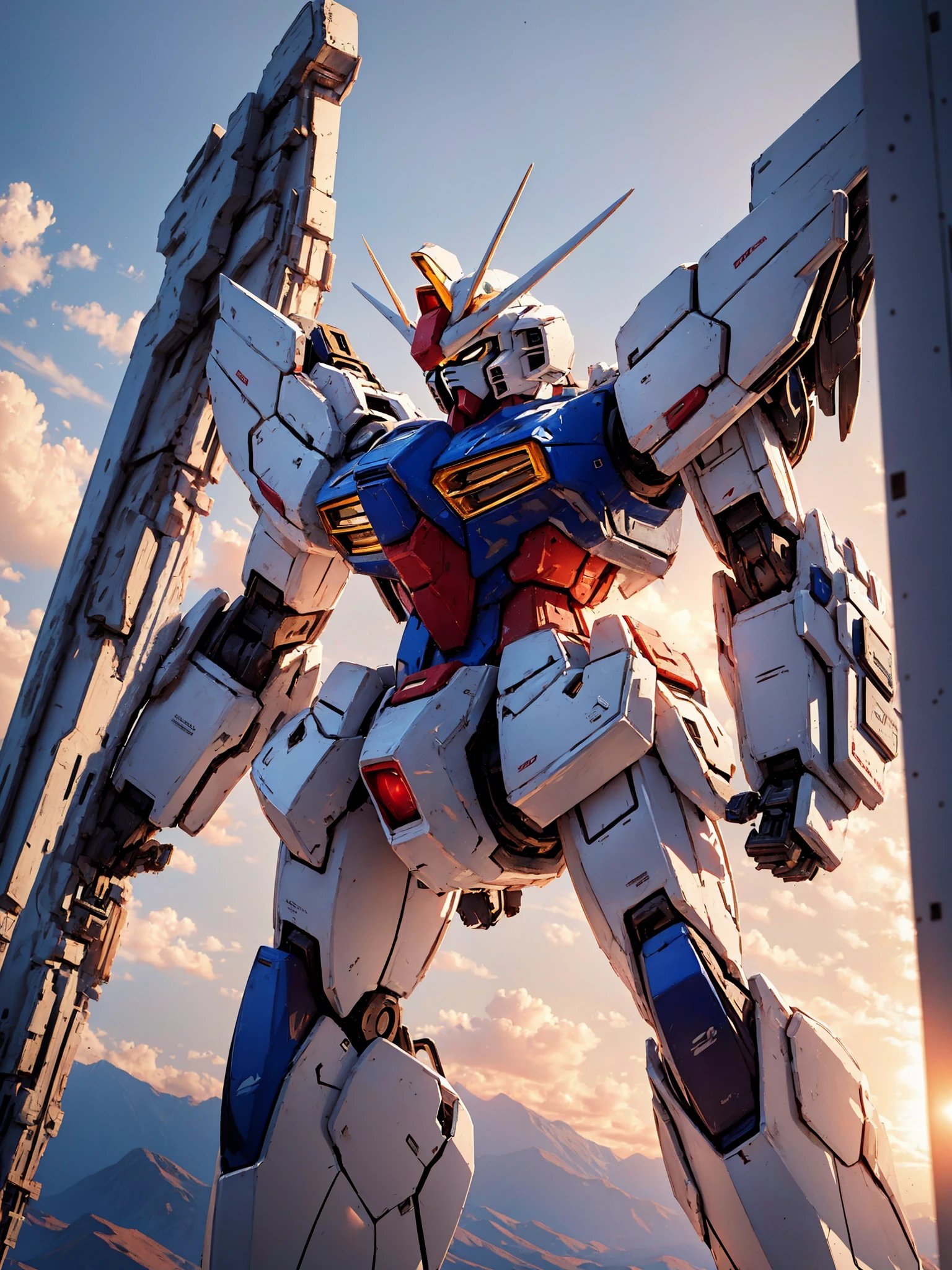 <lora:So_GunDam:0.8>,So_GunDam,looking ahead,<lora:Beautiful outdoor:0.6>,Beautiful outdoor,sky,Softbox placed at a 45-degree angle for flattering light (45-Degree Softbox).,zoom layer,, edge quality, perspective silhouette, 8k, best quality, masterpiece, extremely detailed, rule of thirds, photorealistic, superb, HDR, high resolution, sharp focus, photorealistic rendering, extremely detailed description, professional, gorgeous and intricate detail,