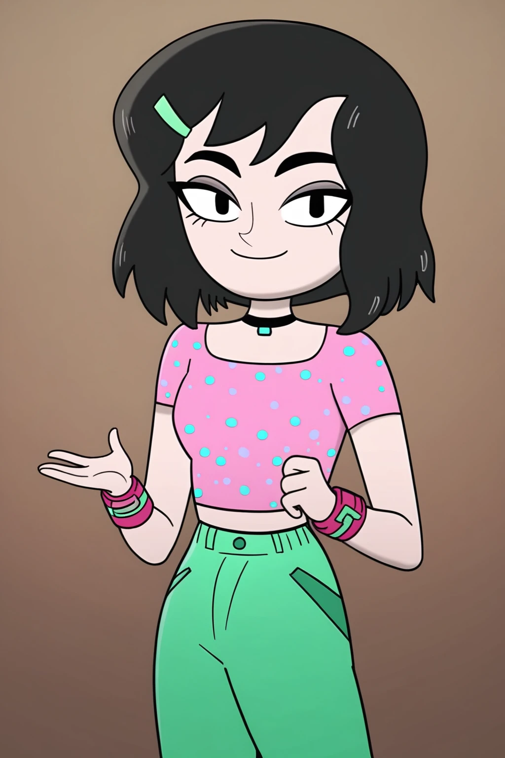 Score_9, Score_8_up, score_7_up, score_6_up, 1girl, solo, 1nancy1, green pants, green hairclip, red wristband, looking at viewer, pink shirt, choker, polka dot shirt, light smile, cowboy shot, black hair, crop top, source_cartoon<lora:EMS-393122-EMS:1.000000>