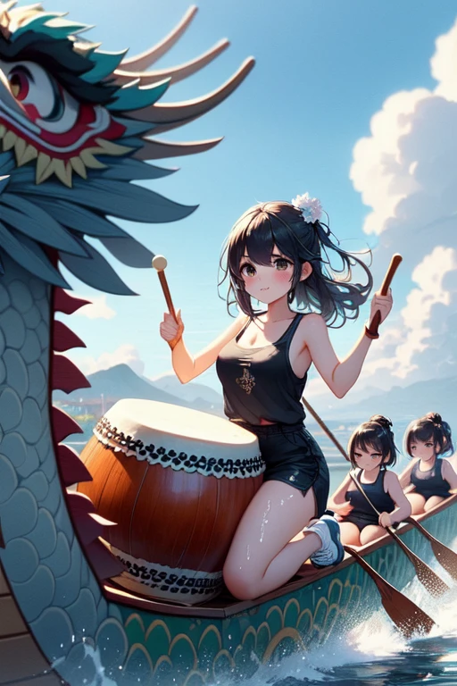 (((masterpiece))), (((best quality))), (((kneeling on dragon boat))), (((drum))), ((playing drum by drumsticks)), ((multiple girls on boat)), (6+girls gripping paddle), tank top, seamless shorts, hair ornament, scrunchie, sneakers, parted lips, sweat, wet, wind, glare, ocean, sunny sky, crowd in stands, riding ((dragon head)), 1girl, smile, cleavage, big tits, shy, blush, slim figure, <lora:girllikedragonboat:1>