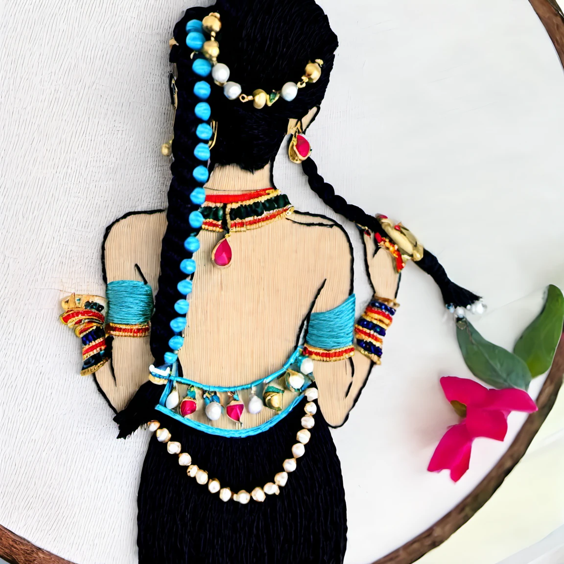 embrodarythreadart, girl, long hair, skirt, black hair, white background, jewelry, bracelet, from behind<lora:embrodary_thread_art:1>