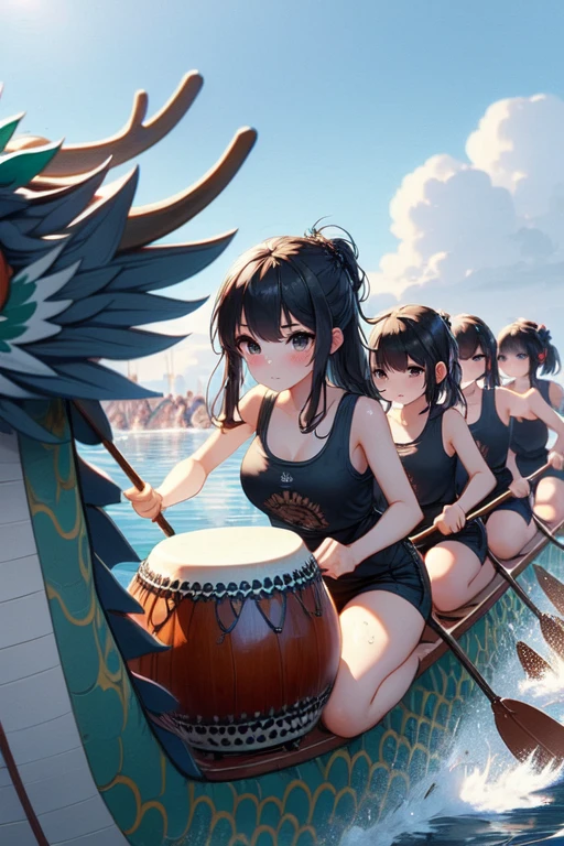 (((masterpiece))), (((best quality))), (((kneeling on dragon boat))), (((drum))), ((playing drum by drumsticks)), ((6+girls gripping paddle)), ((multiple girls on boat)), tank top, seamless shorts, hair ornament, scrunchie, sneakers, parted lips, sweat, wet, wind, glare, ocean, sunny sky, crowd in stands, riding ((dragon head)), 1girl, smile, black hair, absurdly long hair, cleavage, big tits, shy, blush, slim figure, <lora:girllikedragonboat:1>