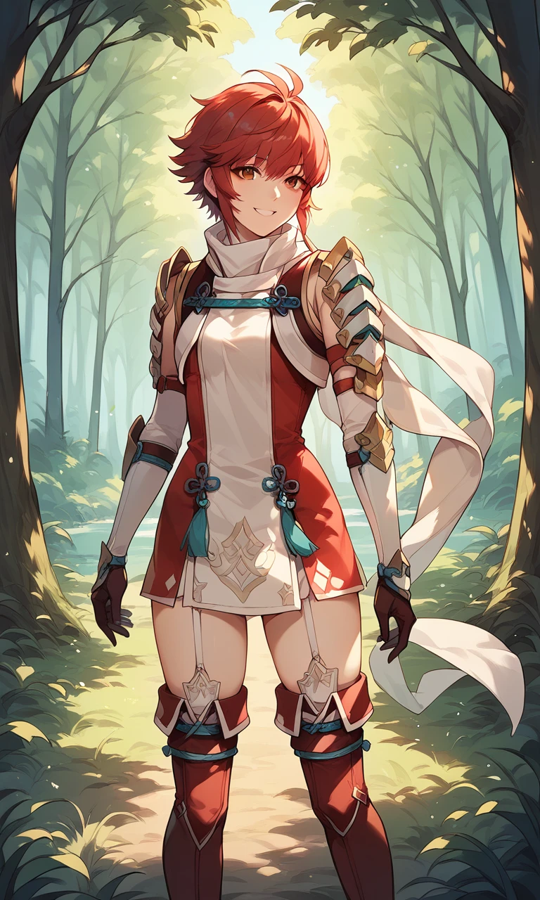 score_9, score_8_up, score_7_up, source_anime, 1girl, hinoka, forest, smile, shoulder armor, thighhighs, garter straps, scarf, 