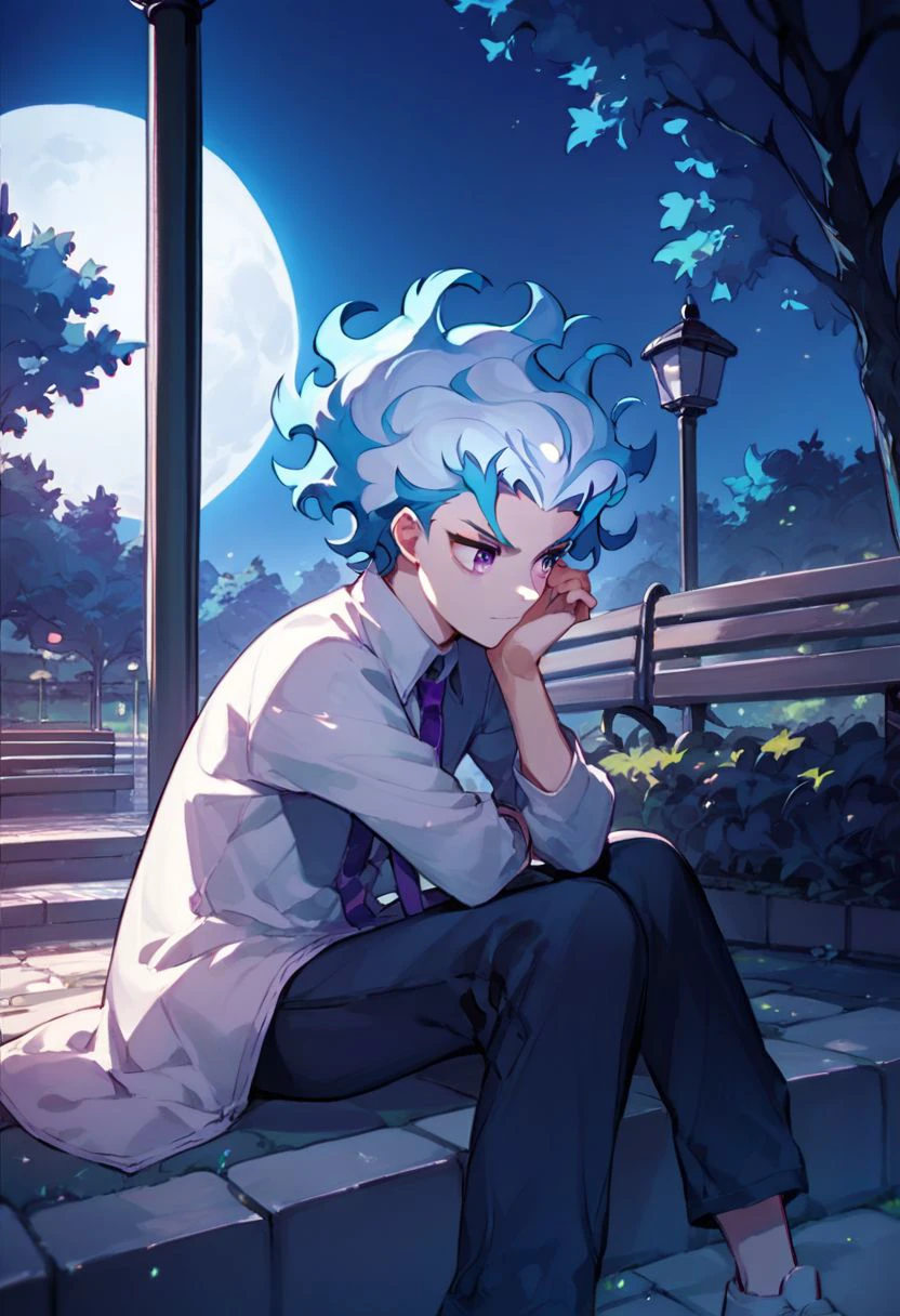 score_9_up, score_8_up, score_7_up, anime style, anime style, (Upper part of the body), flame-shaped hair, fire-shaped hair, pale-skinned, light-blue and white hair, violet eyes, ringed eyes, sitting, park background, night, moon, moonlight on the body,