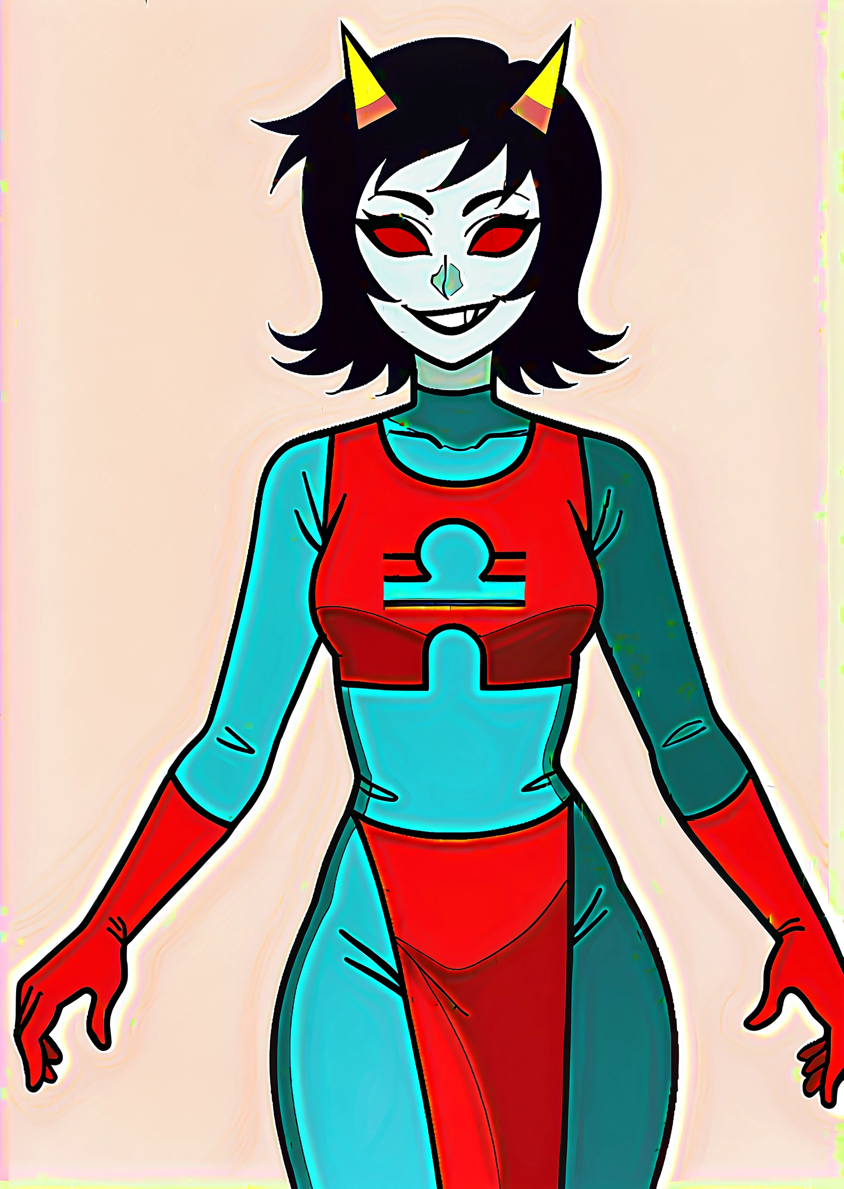 score_9, score_8_up, score_7_up, score_6_up, score_5_up, score_4_up, thick lines, anime, masterpiece, 1girl, terezi pyrope <lora:TereziPony2-000010:1>, redglare, smile, grin, colored skin, grey skin, medium hair, black hair, horns, bodysuit, red gloves, standing, multicolored bodysuit, red bodysuit, aqua bodysuit, red vest, pelvic curtain, red sclera BREAK source_anime