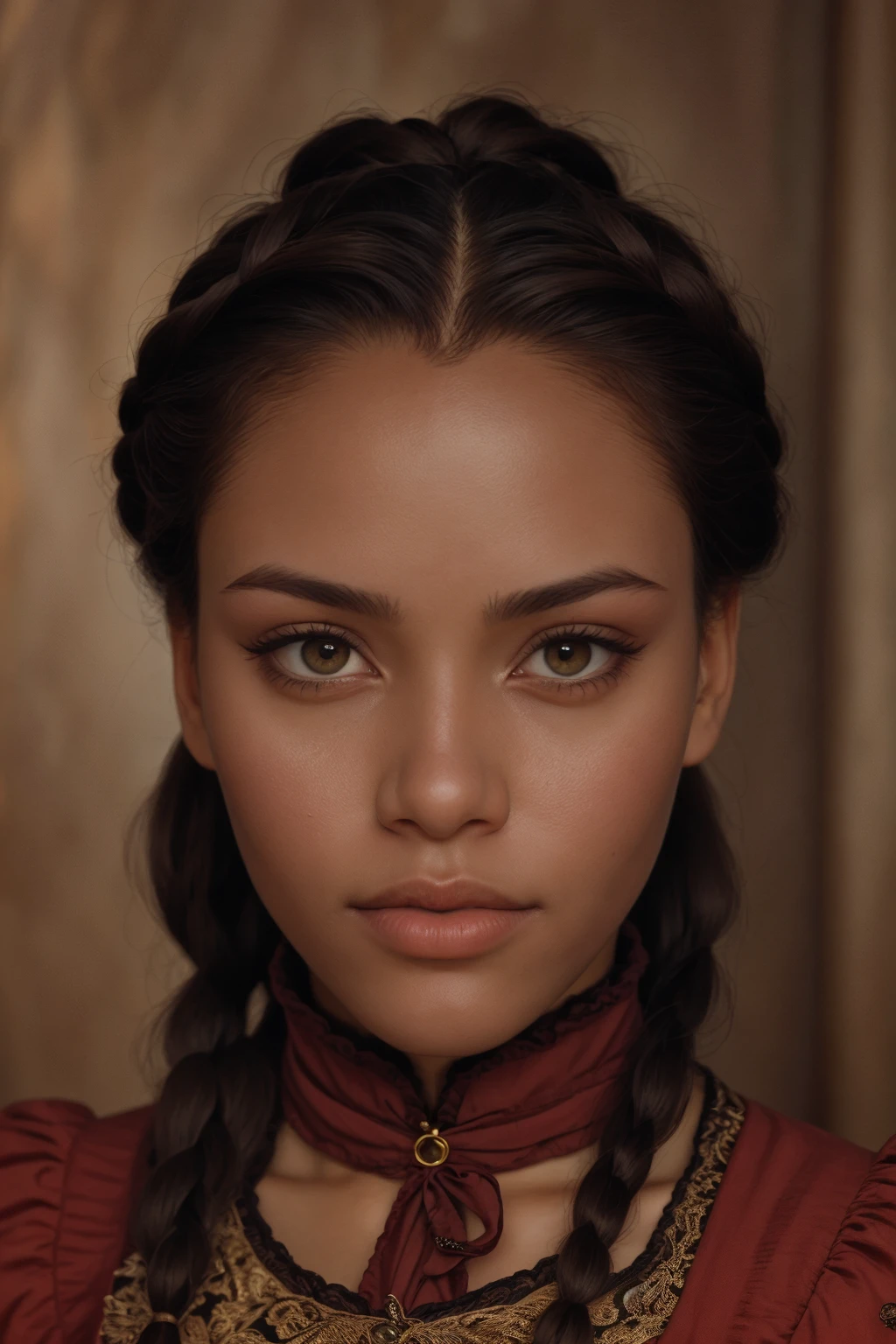 Realistic portrait of a african american woman with braided auburn hair, wearing a crimson victorian dress that complements her green eyes. She stands against a backdrop of soft, golden evening sunlight, casting a gentle warmth on her features.  <lora:[VG]_-_Aveline_de_Grandpre:1>