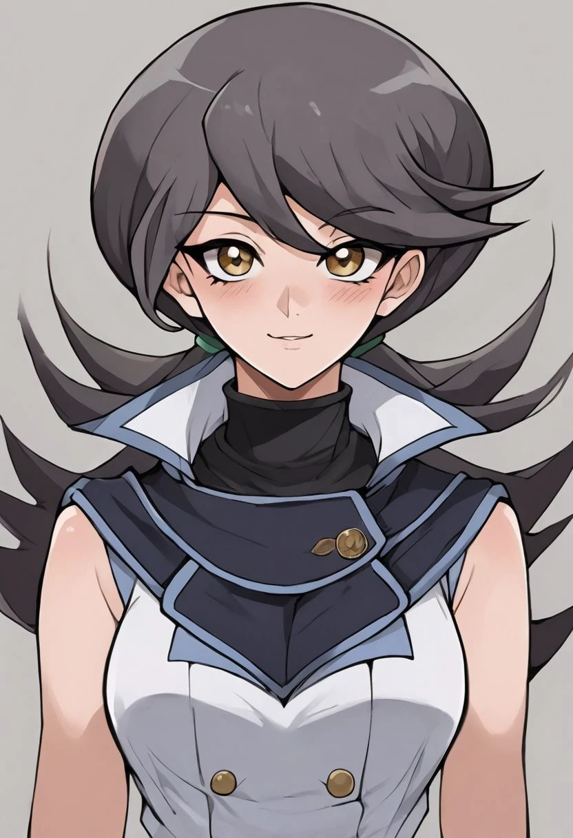 1girl, anime artwork, 2d art, (lora:Momoe:1.5), grey background, (3/4 body:1.5), (front view:1.2), dark grey hair color, (seductive pose:1.5), nsfw,