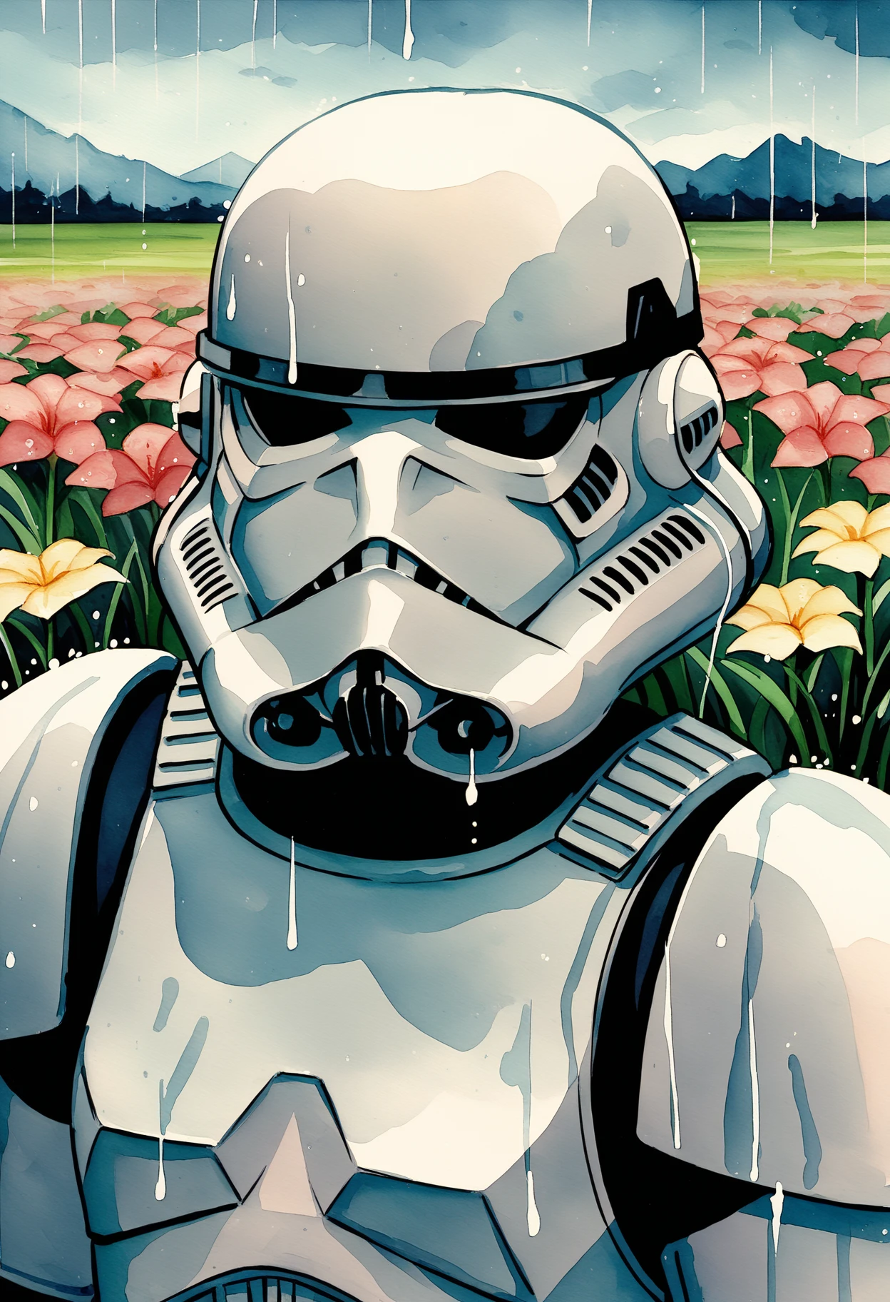 score_9, score_8_up, 
stormtrooper, armor, flower, helmet, grass, watercolor painting, rain, solo, upper body   <lora:StormtrooperXL:1>