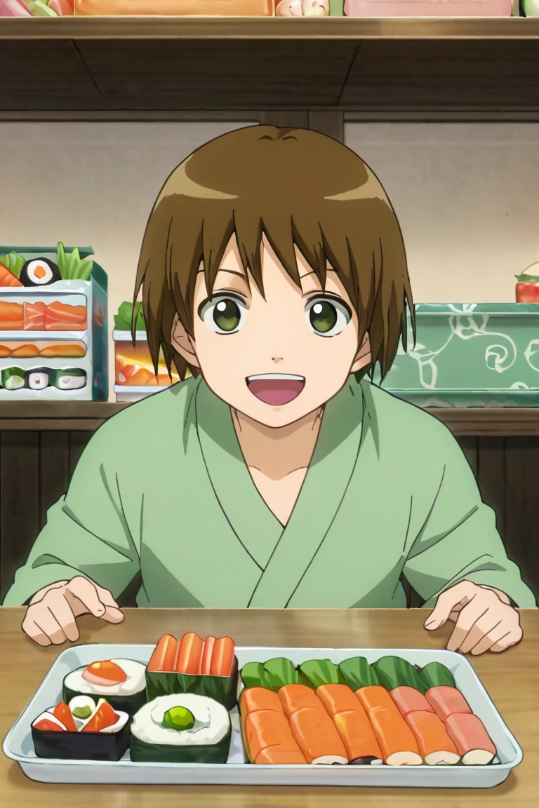 score_9,score_8_up,score_7_up,source_anime,looking at viewer, solo, 1boy, Seita,brown hair,green eyes, smile, bento, table, food, open mouth, indoors, multiple_food, sushi<lora:EMS-393542-EMS:1.000000>