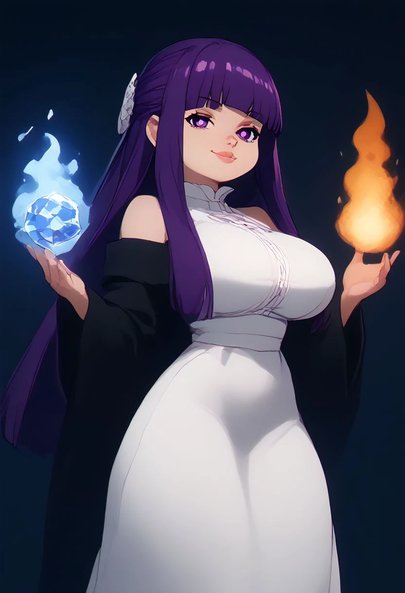 score_9, score_8_up, score_7_up, big breasts, curvy, narrow waist, 
(fire and ice magic:1.5), hands up, holding magic ball,
Aura, energy, glowing, swirling energy, dynamic pose,
solo, shortstack, patFern, long hair, bangs, purple eyes, purple hair, sidelocks, blunt bangs, bright pupils, half updo, long sleeves, dress, white dress, long dress, robe, black robe,, bare shoulders, looking at the viewer, (big lips:0.8), smug, g0thicPXL, neon,
arched back, dark background, Expressiveh,