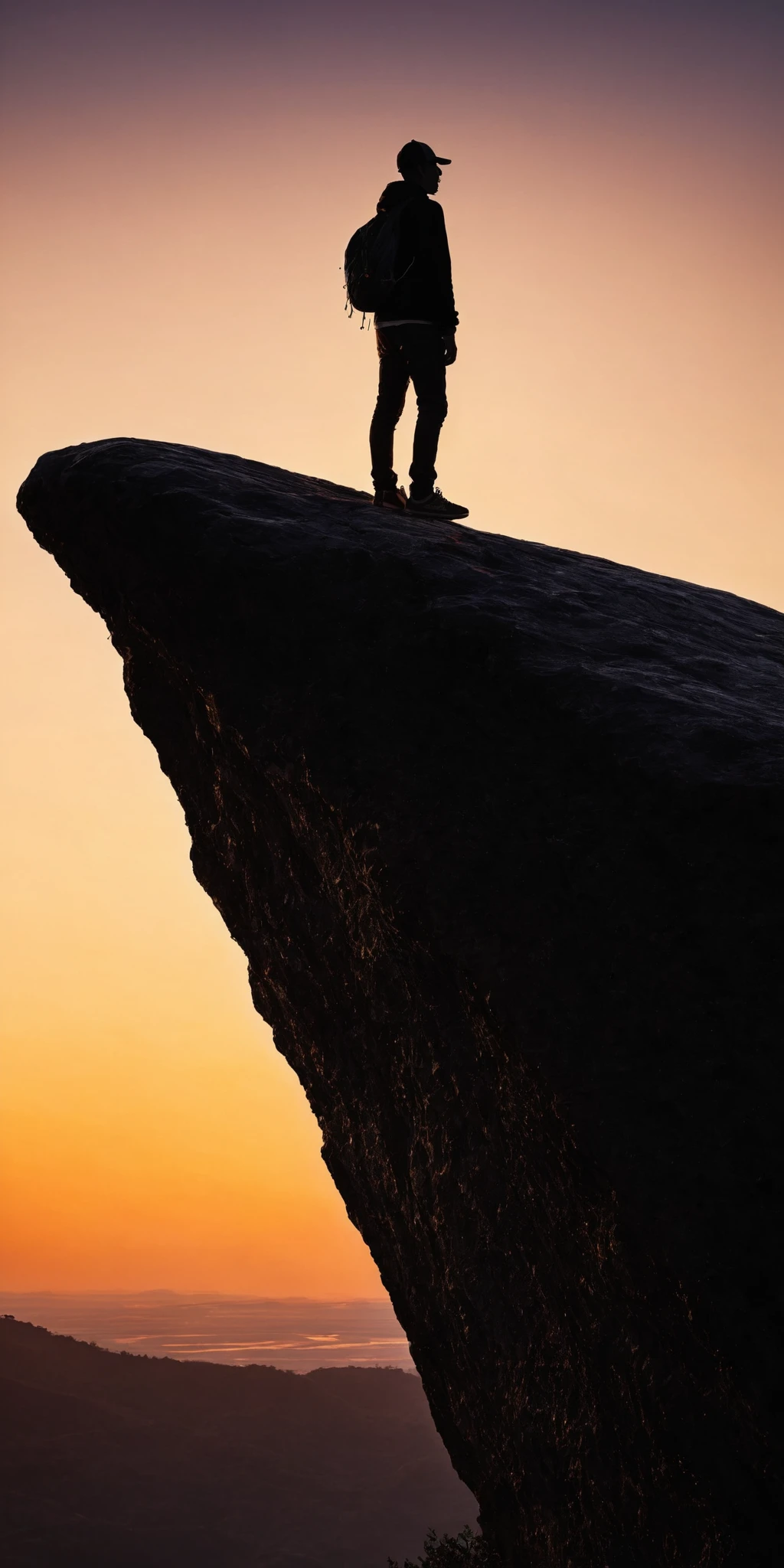 Silhouette of a person standing on a rock during sunset,warming tones of natural light,highly detailed,high contrast,<lora:HMSGåªå½±XL-000001:1>,