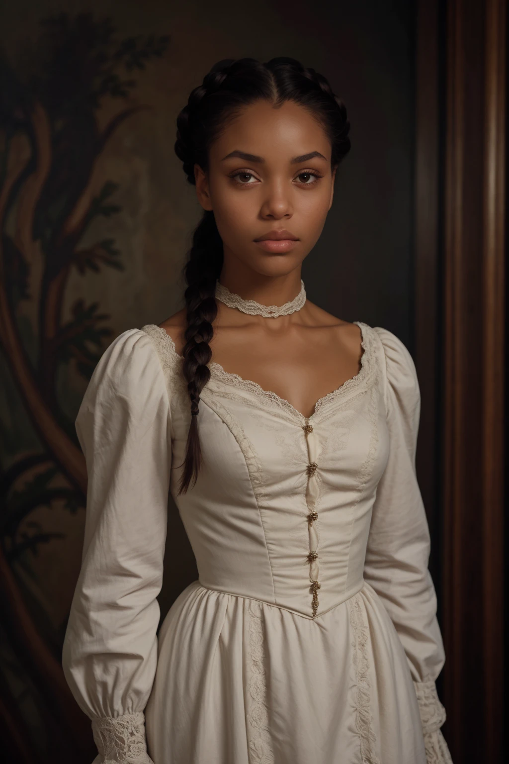 Realistic portrait of a african american woman with single french braided auburn hair, wearing a white noble lady dress. She stands against a backdrop of 18th-century era French Louisiana, evening moonlight, casting a gentle warmth on her features. (full body:1.3), <lora:[VG]_-_Aveline_de_Grandpre:1>