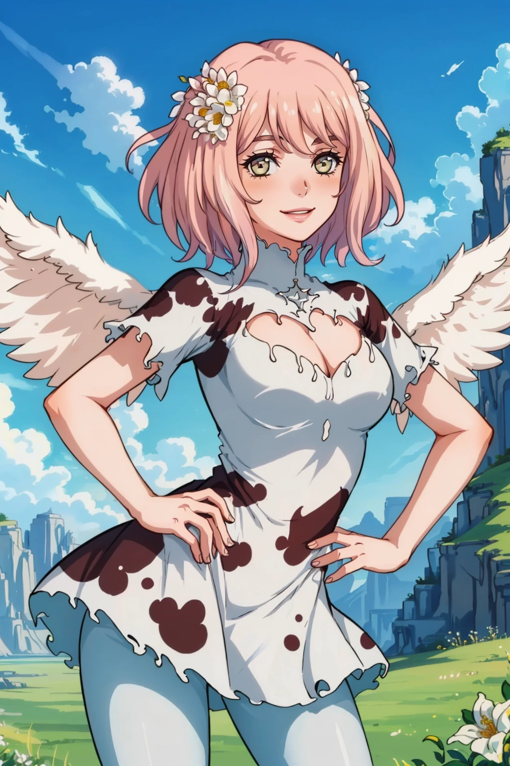 masterpiece, 1girl, looking at viewer, smile, hand on hip, contrapposto, <lora:DurgaGR:0.9> durgaGR, short hair, hair flower, white wings, cow print dress, cleavage cutout, short sleeves, white pants, outdoors, sky, cloud