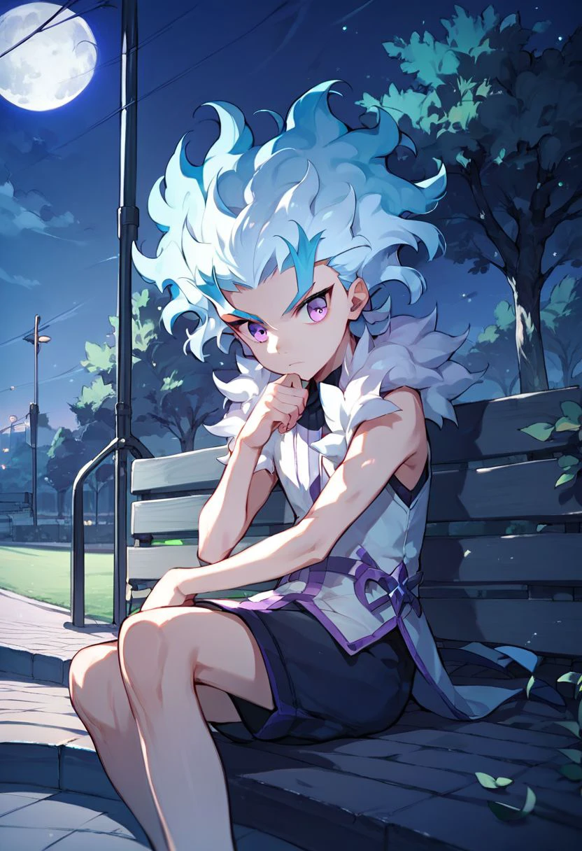 score_9_up, score_8_up, score_7_up, anime style, hd, ultra detailed, anime style, (middle shot), flame-shaped hair, pale-skinned, light-blue and white hair, violet eyes, ringed eyes, sitting, park background, night, moon, moonlight on the body, musculatura normal,