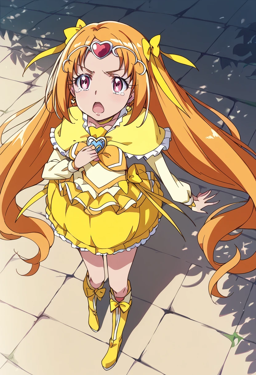 score_9, score_8_up, score_7_up, source_anime BREAK
cure muse \(yellow\), 1girl, solo, yellow bow, magical girl, yellow choker, circlet, yellow skirt, knee boots, jewelry, frills, bubble skirt, brooch, hair ribbon, orange hair, pink eyes, earrings, hair bow, eyelashes, standing, hand on own chest, purple eyes, blonde hair, looking at viewer, very long hair, open mouth, brown hair, red eyes, yellow dress, twintails, looking up, :o, hair ornament, full body, from above, capelet, frilled skirt, yellow ribbon, heart earrings, wrist cuffs, serious, shadow, layered skirt, surprised, tears, tiara, long sleeves, outdoors, stone floor
<lora:cure_muse_shirabe_ako_sdxl_locon_pony_v1:0.7>