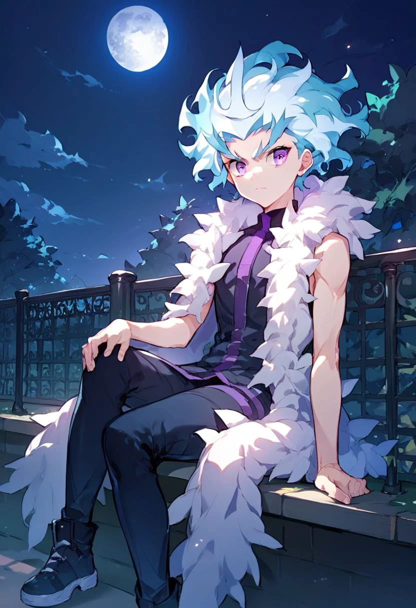 score_9_up, score_8_up, score_7_up, anime style, anime style, (middle shot),  flame-shaped hair, fire-shaped hair, pale-skinned, light-blue and white hair, violet eyes, ringed eyes, sitting, park background, night, moon, moonlight on the body,