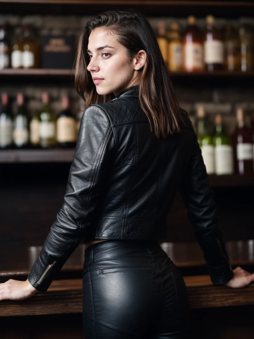RAW photo, tv_Willifred_McKenzie_MXAI, magazine ready pose, flirting with the camera,
BREAK
, hard expression, wearing biker boots, wearing detailed leather pants, wearing a band t-shirt, wearing a leather jacket, standing at the bar in a biker bar, shot from the side, PA7_Portrait-FL
BREAK
<lora:add_detail:0.5>, (((Ultra-HD-details, Ultra-HD-detailed, Ultra-HD-realistic, Ultra-HD-photo-same-realistic-quality-details))), 8k uhd, dslr, soft lighting, high quality, film grain, Fujifilm XT3