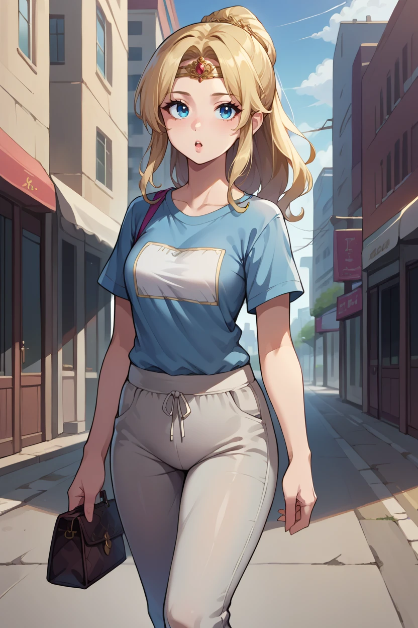 score_9, score_8_up, score_7_up, score_6_up, source_anime, BREAK 1girl, solo, <lora:ff4rosa-pdxl-nvwls-v1-000005:1> ff4ros, blonde hair, blue eyes, circlet, blue t-shirt, handbag, grey pants, track pants, walking, city, looking at you, chestnut mouth