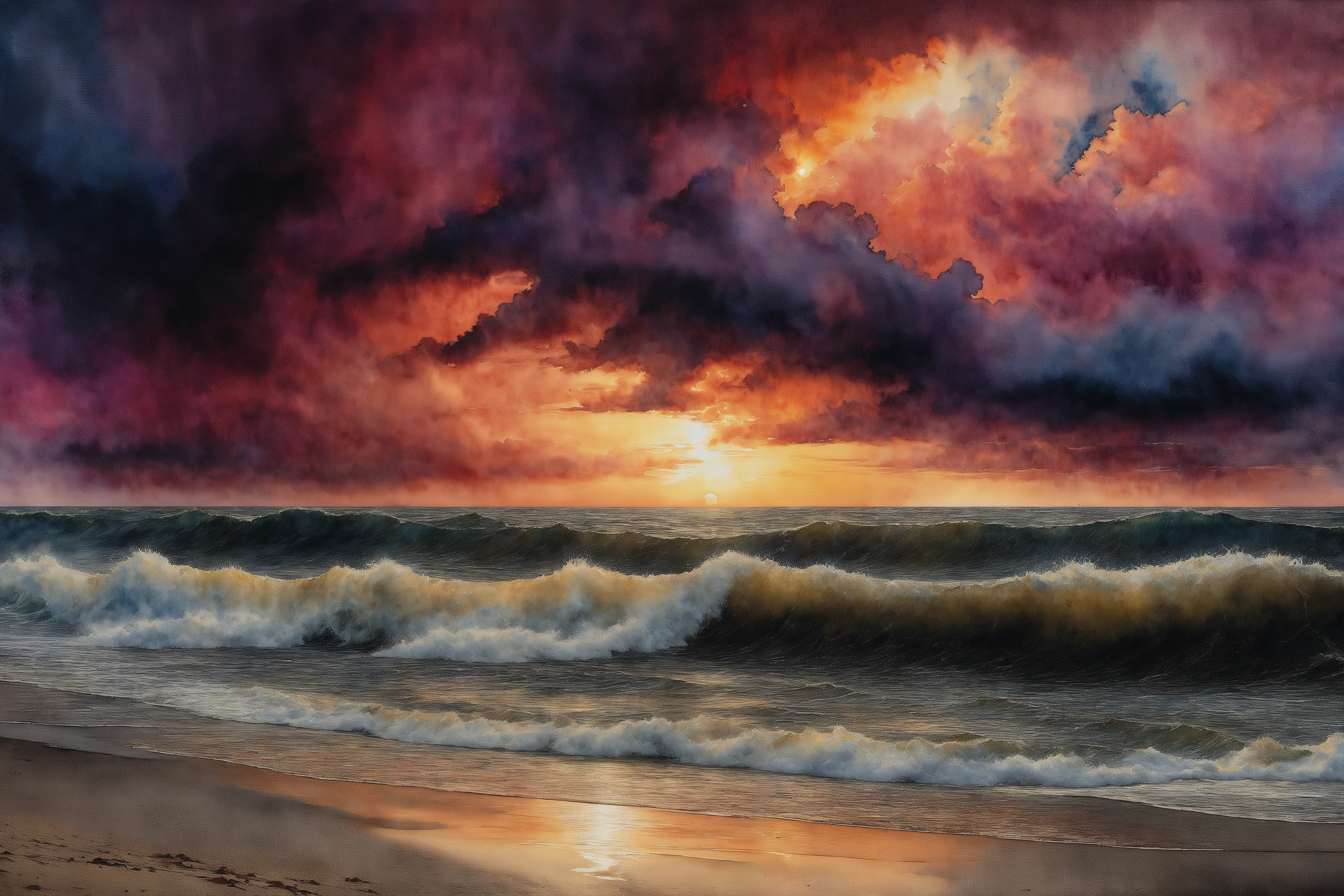 (Watercolor on textured paper:1.3), moody sunset at the beach, vibrant colors on a dark background, (high contrast:1.2), waves crashing, (sunset glow:1.1), cumulus clouds, rays of light piercing through the clouds, (depth of field:1.1), extreme detail, 8k, The atmospheric, moody setting draws inspiration from the work of John Atkinson Grimshaw, known for his ethereal nocturnal scenes, combined with the expressive, detailed character portrayal akin to Agnes Cecile, and the rich, textured landscapes reminiscent of Alexandre Calame. This tableau evokes a sense of deep enchantment and otherworldly beauty, (hidden power:1.2), masterpiece quality, <lora:watercolor_sdxl:0.7>, colorful, vibrant colors on a dark background, <lora:more_details:0.5>