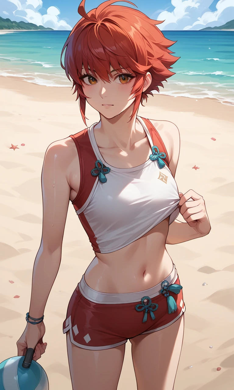 score_9, score_8_up, score_7_up, source_anime, 1girl, solo, hinoka, beach, swimsuit, sunny, swatting, midriff 