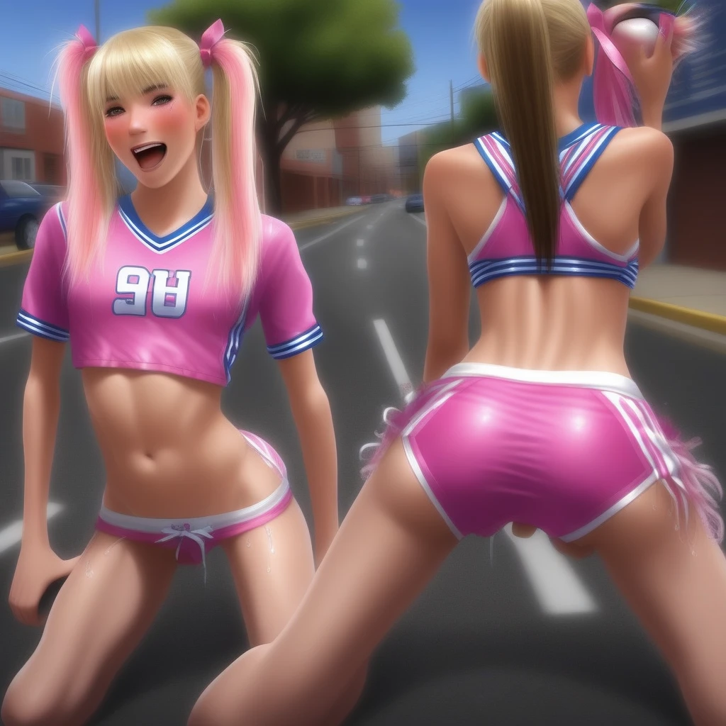 18yo femboy gets splashed by a nearby car soaking his rainbow pigtails and slutty skimpy cheerleading uniform, making it cling to his curves tightly, flat chest, perfect tight round toned ass, fit, abs, bimbo make up running, can see pink panties through wet skirt, another cheerleader is laughing and lifting the back of her skirt while taking a picture of her ass with a cell phone, another cheerleader is rubbing on her with a small hand towel , brooding she just stands there