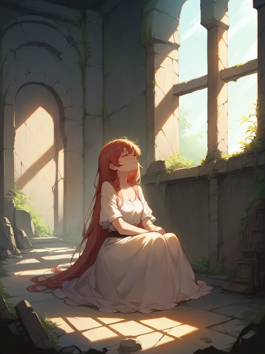 score_9, score_8_up, score_7_up, score_6_up, 1girl, long hair,  <lora:d3c4yXLP:0.4> d3c4y, overgrown, sunlight, indoors, sitting, ruins, window,