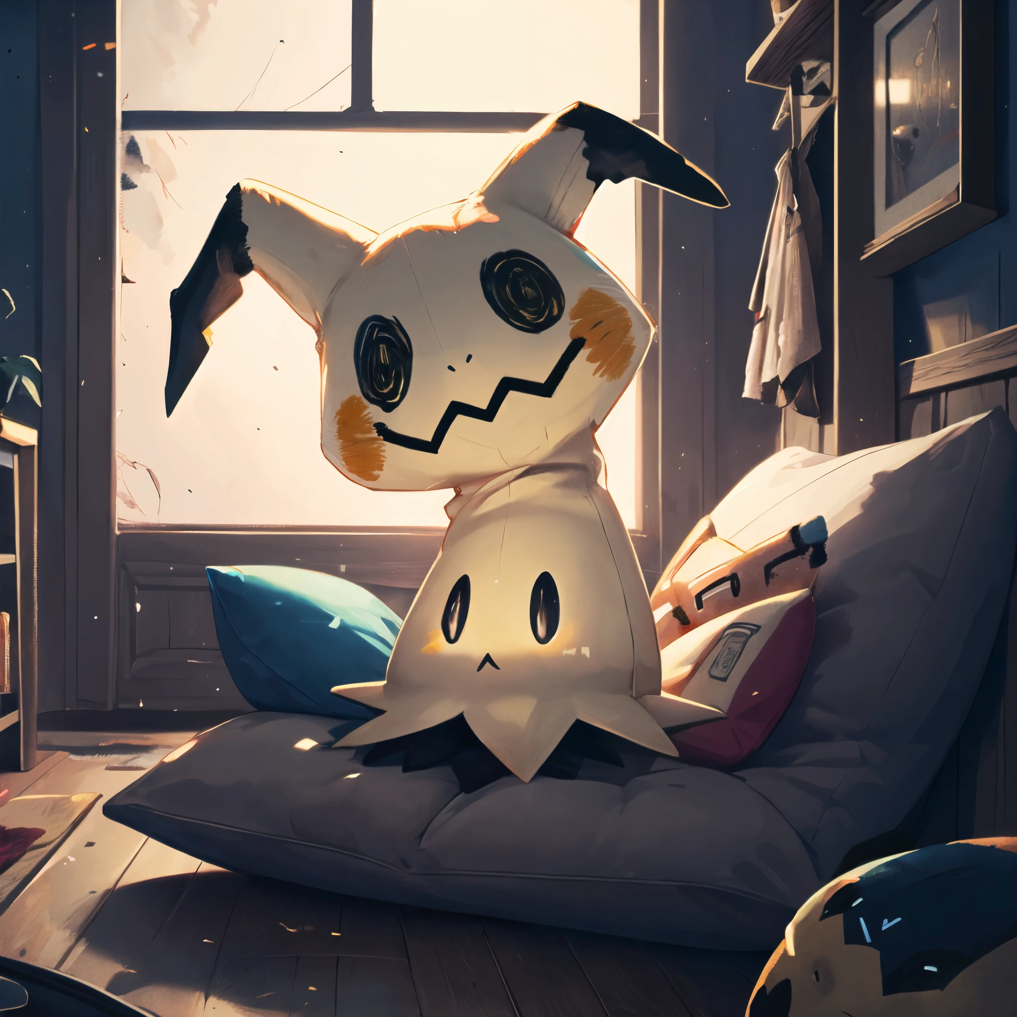 (HD), (ultra-detailed), (masterpiece), (best quality), (sharp focus), (cinematic lighting), (vibrant colors),    <lora:Mimikyu_Pokemon_0778_SD_1.5:1> mimikyu, pokemon, cute, snuggled up on a cushion, chilling, cozy room