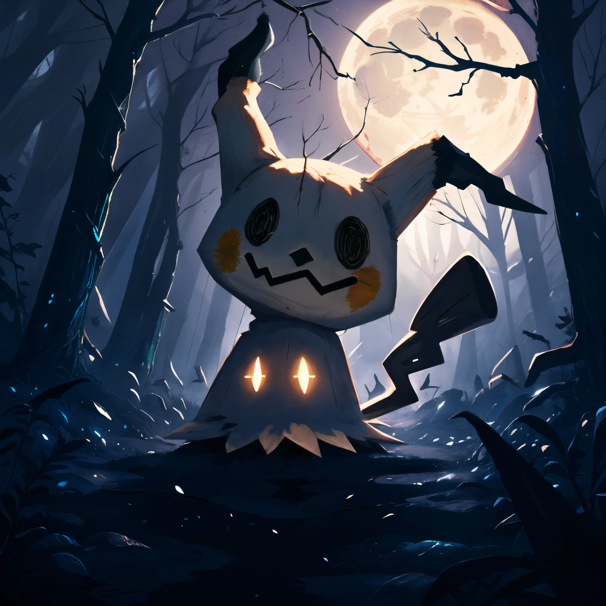 (HD), (ultra-detailed), (masterpiece), (best quality), (sharp focus), (cinematic lighting), (vibrant colors),    <lora:Mimikyu_Pokemon_0778_SD_1.5:1> mimikyu, pokemon, shadow hands, spooky forest, dead trees, atmospheric, misty, full moon