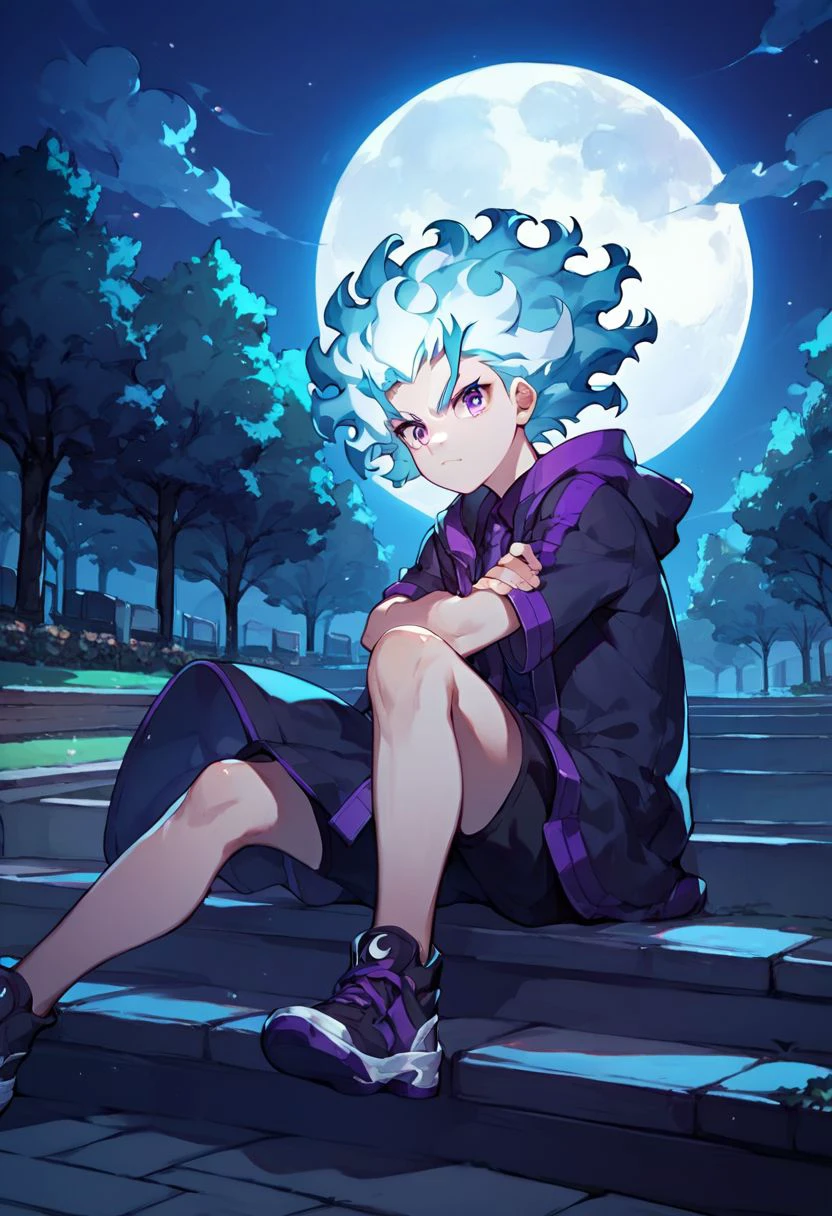 score_9_up, score_8_up, score_7_up, anime style, anime style, (middle shot),  flame-shaped hair, fire-shaped hair, pale-skinned, light-blue and white hair, violet eyes, ringed eyes, sitting, park background, night, moon, moonlight on the body,