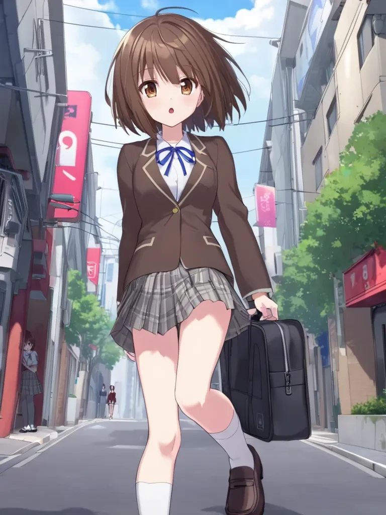 2D, score_9, source_anime, 1girl, solo, saorikohinataps, small breasts, brown hair, short hair, brown eyes, school uniform, brown blazer, white shirt, blue neck ribbon, gray plaid skirt, white socks, loafer, outdoors, street, :o  <lora:prismshirleyXL:1>