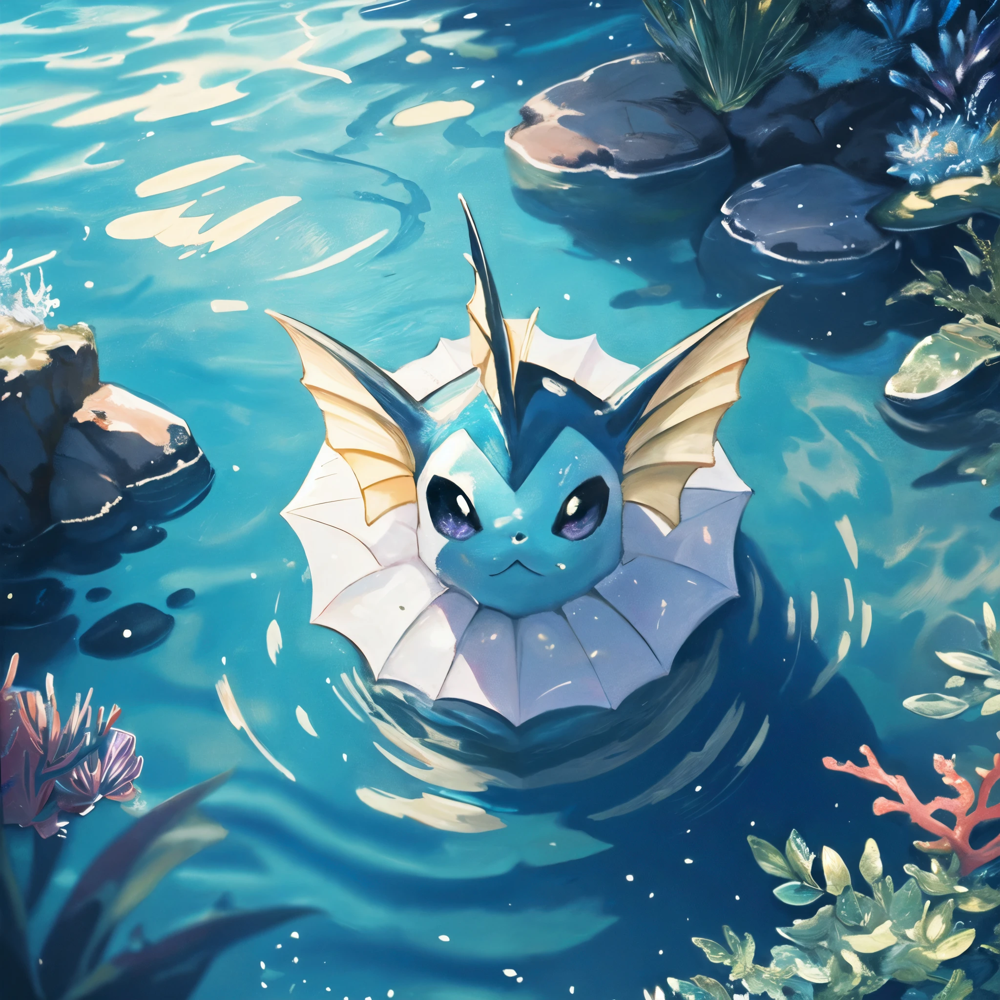 (HD), (ultra-detailed), (masterpiece), (best quality), (sharp focus), (cinematic lighting), (vibrant colors),   <lora:Vaporeon_Pokemon_0134_SD_1.5:1> vaporeon, pokemon, swimming in the ocean, bubbles, current, sunlight shining from above surface