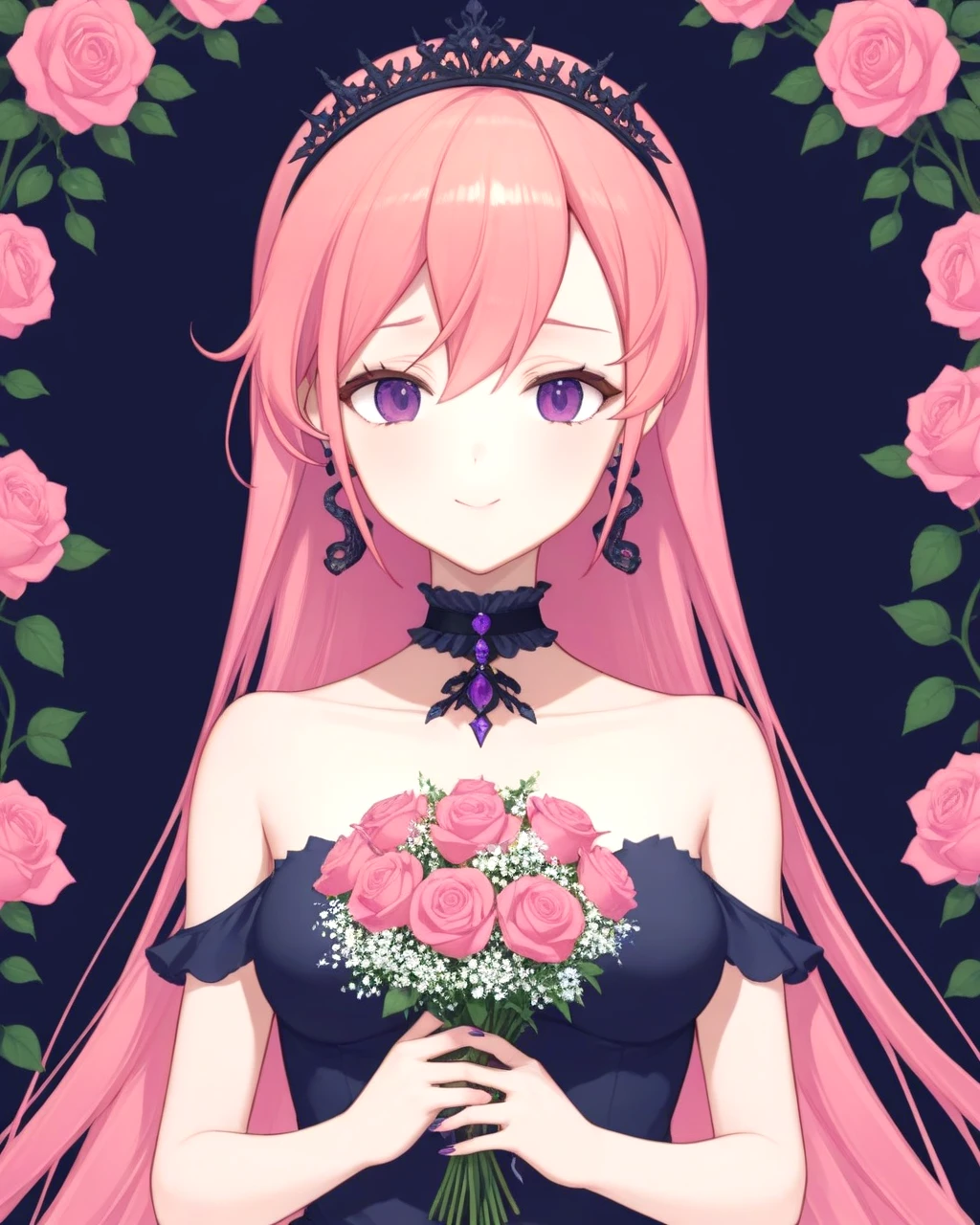 runie, bangs, bare shoulders, breasts, cleavage, collarbone, crown, earrings, hair between eyes, jewelry, long hair, nail polish, solo, very long hair, pink hair,
 <lora:RUNIE-XL-t5-000001:0.6>
(wedding outfit, holding bouquet of purple roses, closed mouth, blush, outdoors)