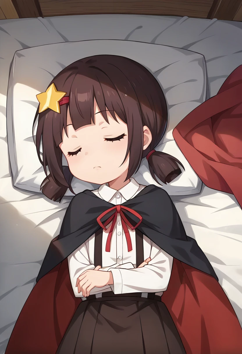 score_9, score_8_up, score_7_up, source_anime, masterpiece, 1girl, ctiankome, suspender skirt, dress shirt, red ribbon, cape, sleeping, long sleeves, red ribbon, looking at viewer, <lora:komekkoPONYXLversion3:0.8>, anime coloring, anime screencap, bed