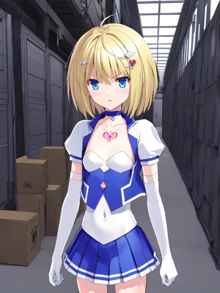 2D, score_9, source_anime, 1girl, solo, saorikohinataps, small breasts, blonde hair, short hair, hairpin, blue eyes, magical girl, choker, blue vest, white croptop, white covered navel, white short sleeves, elbow gloves, collarbone, tatoo, blue skirt, white thigh boots, standing, serious, indoors, warehouse  <lora:prismshirleyXL:1>