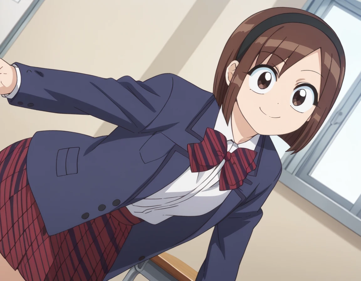 score_9, score_8_up, score_7_up, source_anime,
ayamisasaki, <lora:ayami-sasaki-s2-ponyxl-lora-nochekaiser:1>,
ayami sasaki, short hair, bangs, brown hair, brown eyes, hairband, black hairband,
skirt, shirt, long sleeves, bow, school uniform, jacket, white shirt, pleated skirt, striped, collared shirt, bowtie, red skirt, blazer, blue jacket, striped bow, striped bowtie,
indoors, classroom, bent over, smile,
looking at viewer, cowboy shot, dutch angle, solo,