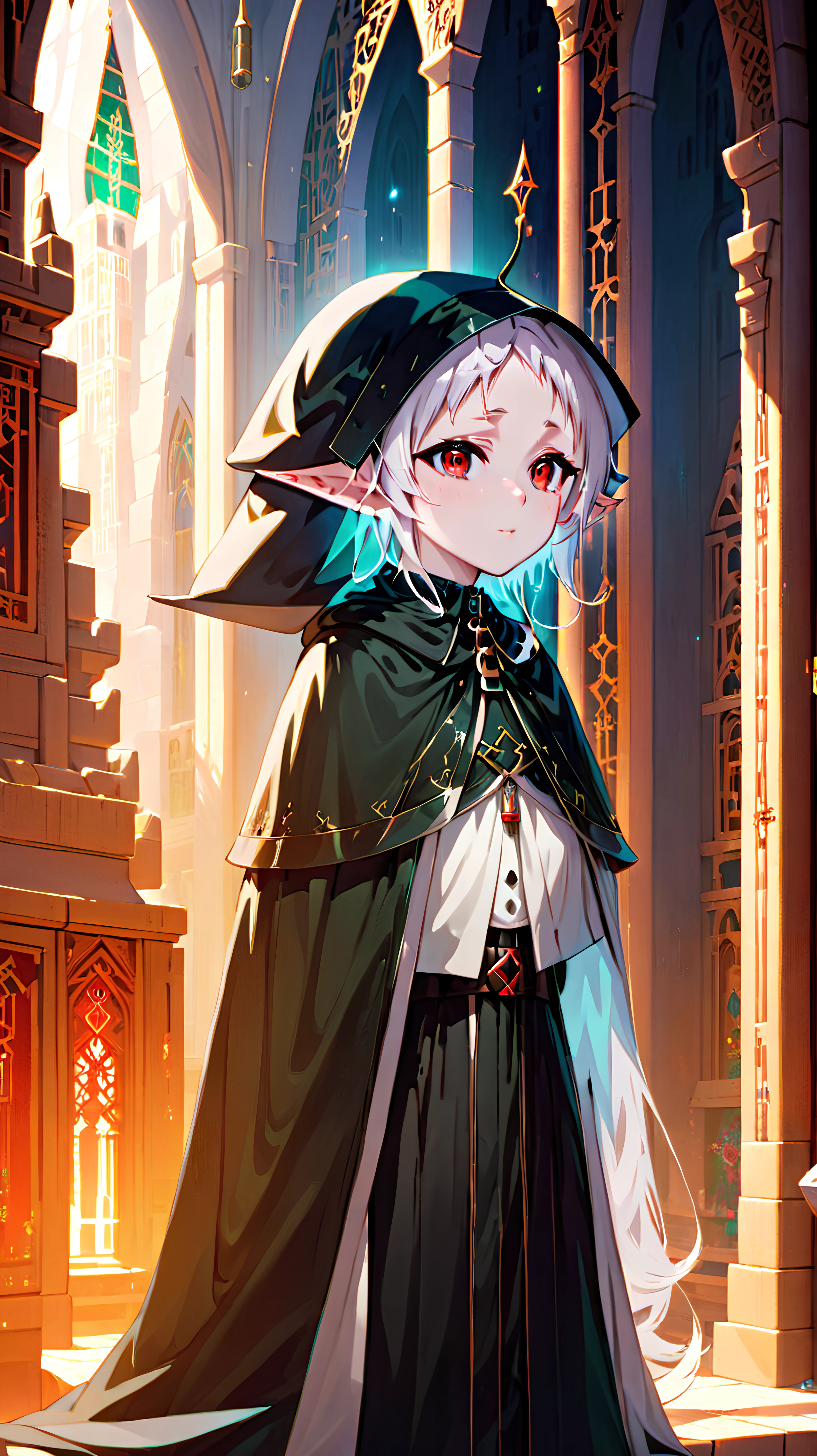 1girl, solo, <lora:Anime Enhancer XL V2:1> <lora:Sylphie:1> Sylphie, Sylphie is an elf, Sylphie has red eyes, <lora:GlitchGirlModel1Final:.7> GlitchBreakGirl, Sylphie has white hair,
Sylphie wearing a black hooded cloak,
anime digital painting, scifi, warmly lit interior, in a Stuffy Secluded monastery in the Himalayas<lora:EnvyEgyptianFuturismXL01:1>