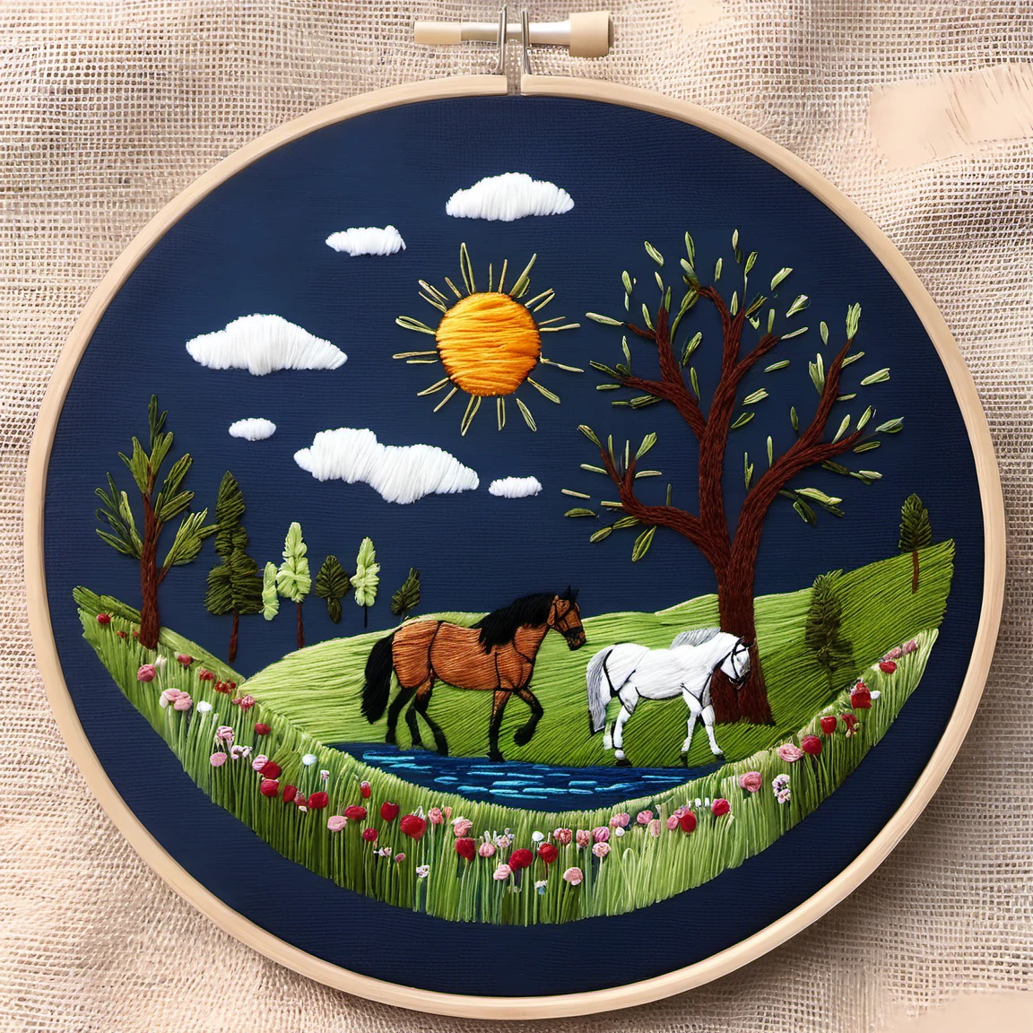 embrodarythreadart, meadow, sun in the sky, blue sky, river bank, horse in the middle <lora:embrodary_thread_art:1>