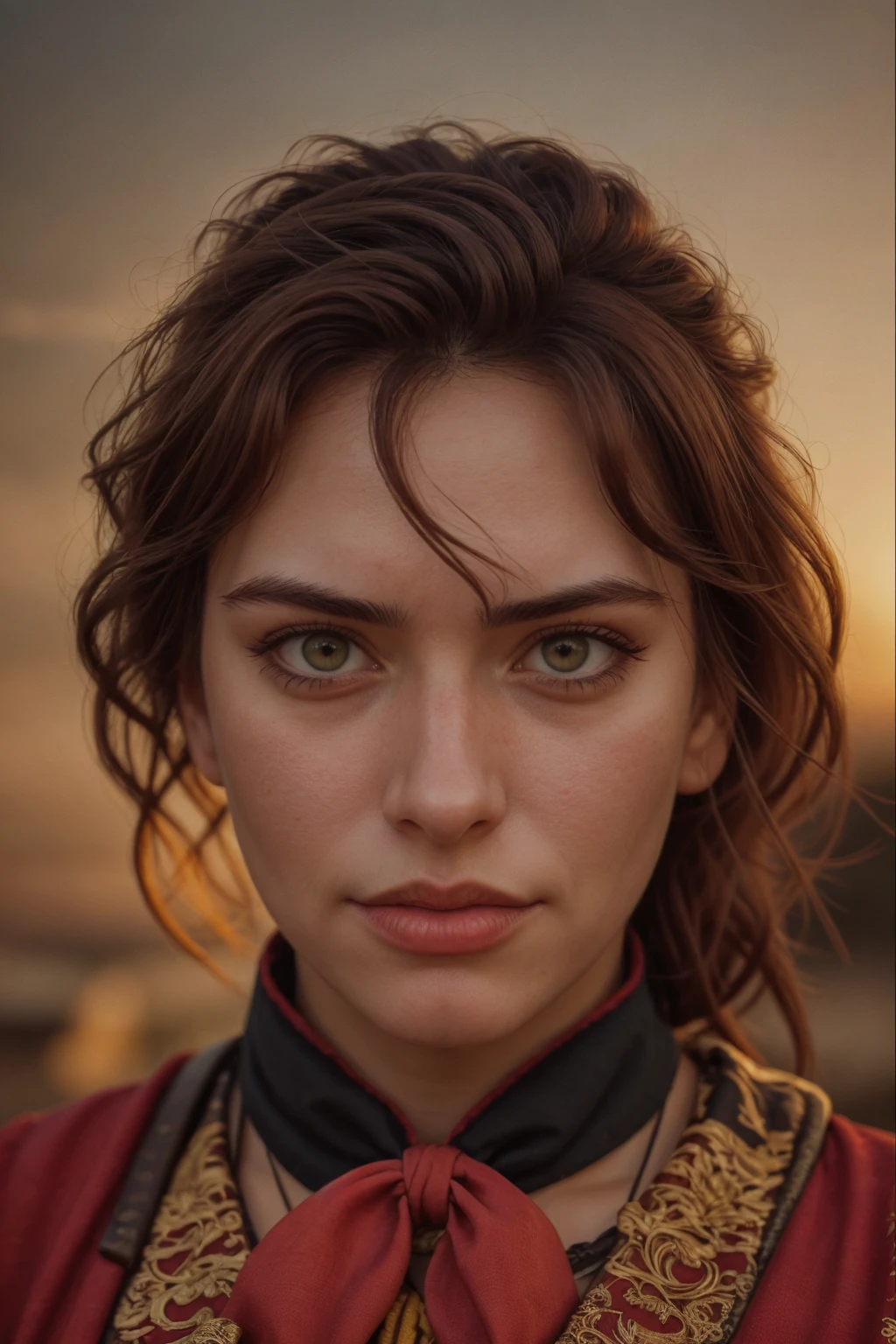 Realistic portrait of an hispanic woman with curly auburn hair, wearing a crimson gypsy outfit with yellow vests, red bandana, sash, leather belt, leather gloves, (Proud:1.3), She stands against a backdrop of soft, golden evening sunlight, casting a gentle warmth on her features. fantasy, <lora:[VG]_-_Ezmeralda_D'Avenir:1> mt-ezmeralda