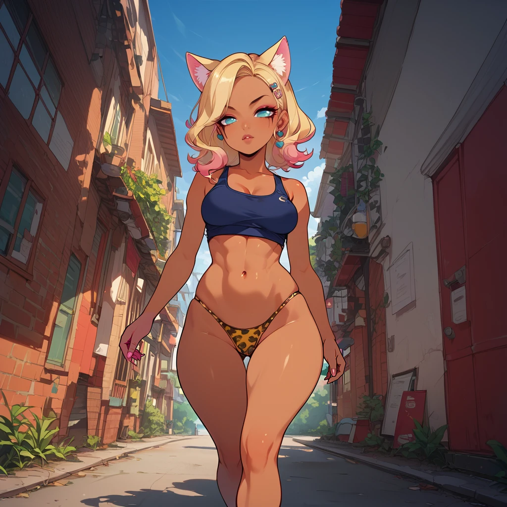 <lora:enhancerV4-pony:0.8>,<lora:Cat_Girls_PonyXL:0.8>,<lora:DopeLora:0.8> (detailed eyes but no pupils), side camera angle, 1girl, girl, Gyaru, cat girl, tan, gal, heavy makeup, shortstack, thick lineart, heavy eyeliner, <lora:Expressive_H:0.8> ExpressiveH, high side camera angle, action shot, walking, animal print thong, miniskirt,, score_9,score_8_up,score_7_up,highres, masterpiece,