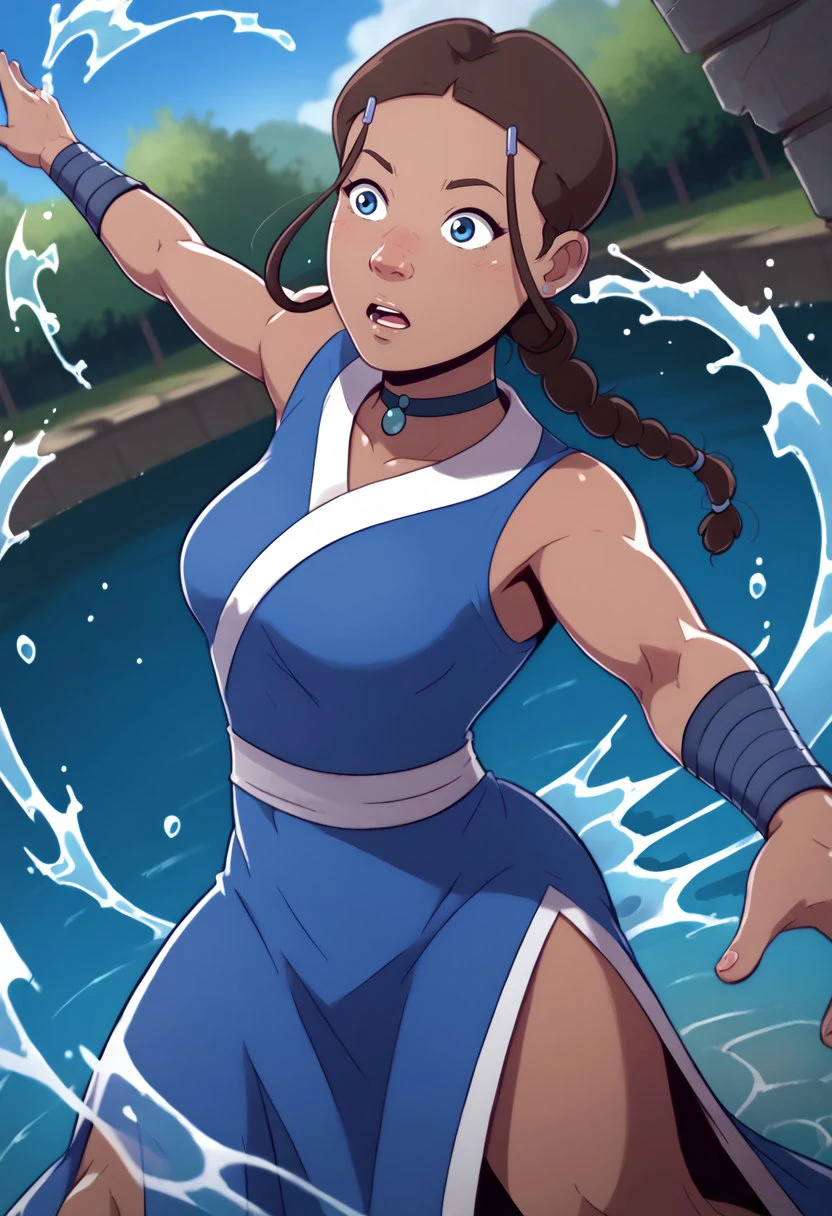 score_9, score_8_up, score_7_up, score_6_up, davecheung-dh BREAK, dynamic angle, action pose, water magic, 1girl, katara, brown hair, braid, blue dress, blue eyes, dark skin, water splashes <lora:Artist_Style_-_Dave_Cheung:0.7>  <lora:add-detail-xl:0.4> <lora:KataraXL:0.7>