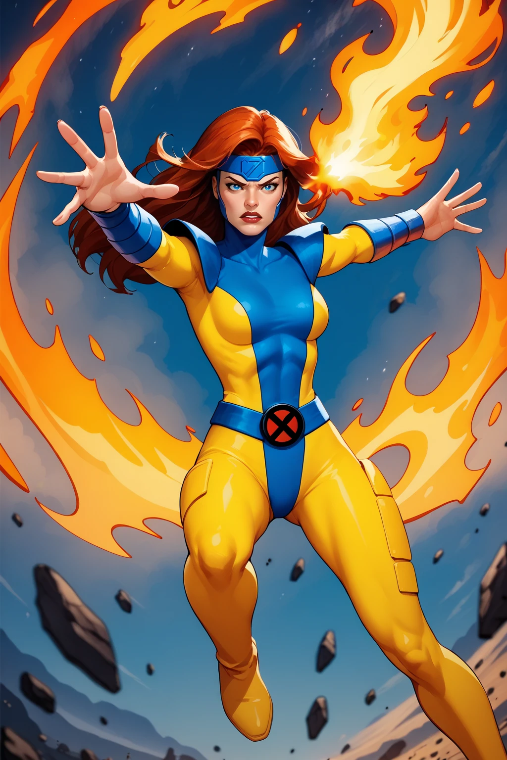 score_9, score_8_up, score_7_up, masterpiece, high quality, BREAK
 <lora:Jean Grey Classic X-MenPonyLoRA:1>jngryclsic, long hair, headband, turtleneck, bodysuit, pauldrons, vambraces, belt, boots, fire, magic, outstretched arm, aura, angry