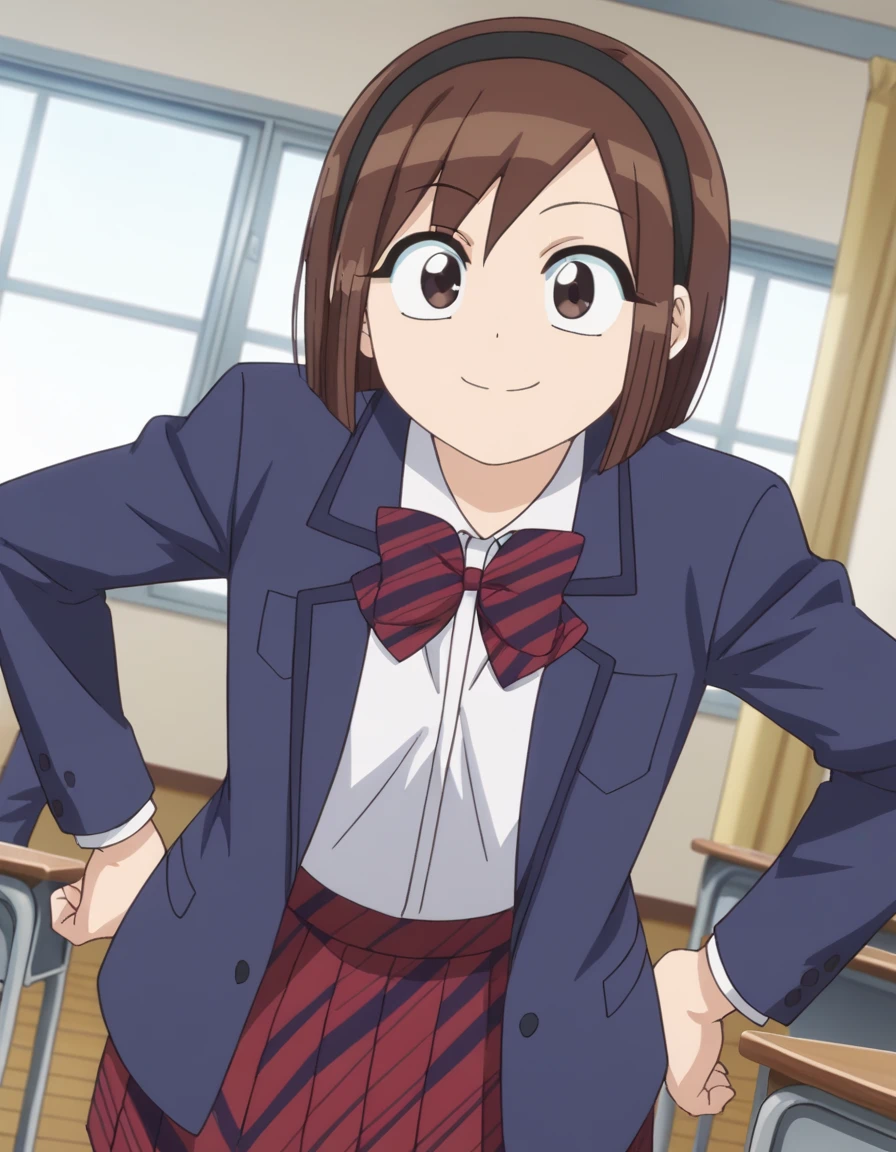 score_9, score_8_up, score_7_up, source_anime,
ayamisasaki, <lora:ayami-sasaki-s2-ponyxl-lora-nochekaiser:1>,
ayami sasaki, short hair, bangs, brown hair, brown eyes, hairband, black hairband,
skirt, shirt, long sleeves, bow, school uniform, jacket, white shirt, pleated skirt, striped, collared shirt, bowtie, red skirt, blazer, blue jacket, striped bow, striped bowtie,
indoors, classroom, bent over, smile,
looking at viewer, cowboy shot, dutch angle, solo,