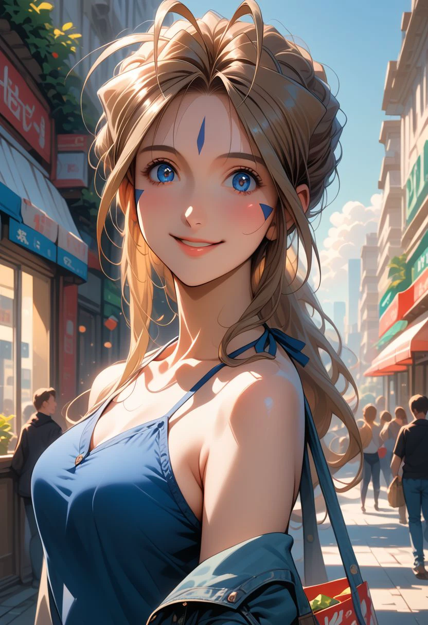 score_9, score_8_up, score_7_up, score_6_up, masterpiece, ultra detailed, best quality, source_anime, Expressiveh, BREAK, 1girl, smile, Belldandy, closed mouth, halterneck, jeans, casual outfit, outdoors, city, cityscape, day, blue sky, shopping, detailed face, detailed eyes, beautiful eyes, delicate features