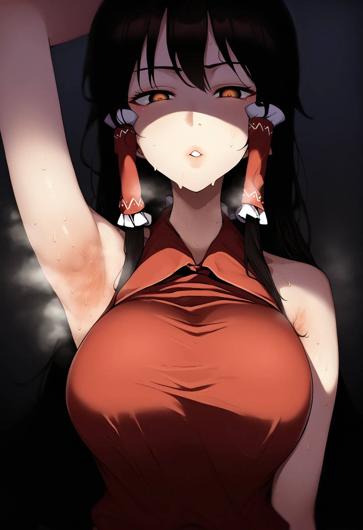 close up head and middle body photo, extremely detailed wide open mouth, a 21 year old girl licking her own hand fingers with a lot of saliva, saliva drooling, tongue out, ahegao face, squinting eyes, her fingers touching her hand, brunette, coquette bow in hair, totally nude, low angle, from below