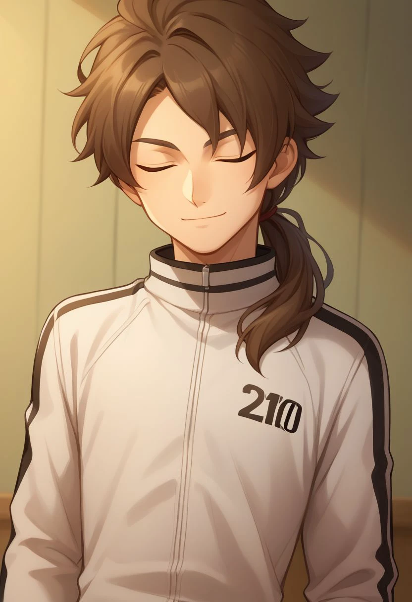 score_9, score_8_up, source_anime, highly detailed, 1boy, male_focus, solo,
skinny,
caleb, 1boy, male focus, closed eyes, brown hair, solo, jacket, smile, track jacket, ponytail, closed mouth, upper body, long hair, low ponytail,
indoor, smile