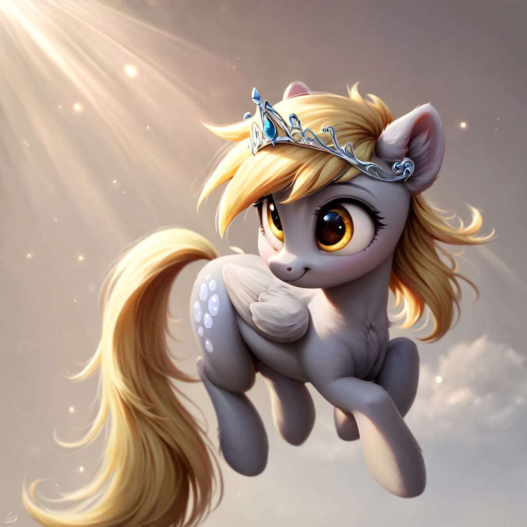 <lora:Pony_MLP_v1.5:1>,derpy hooves,<lora:1dk:1>,huge filesize,score_9,score_8_up,score_7_up,score_6_up,score_5_up,score_4_up,rating_safe,((cute, little, furry pony, fur)),(high quality, detailed, beautiful),bright and adorable face,beautiful detailed eyes,tiara,sunlight,realistic,outstanding,shading,detailed soft lighting,ear fluff,vintage film photography,it's flying,4k,full body,