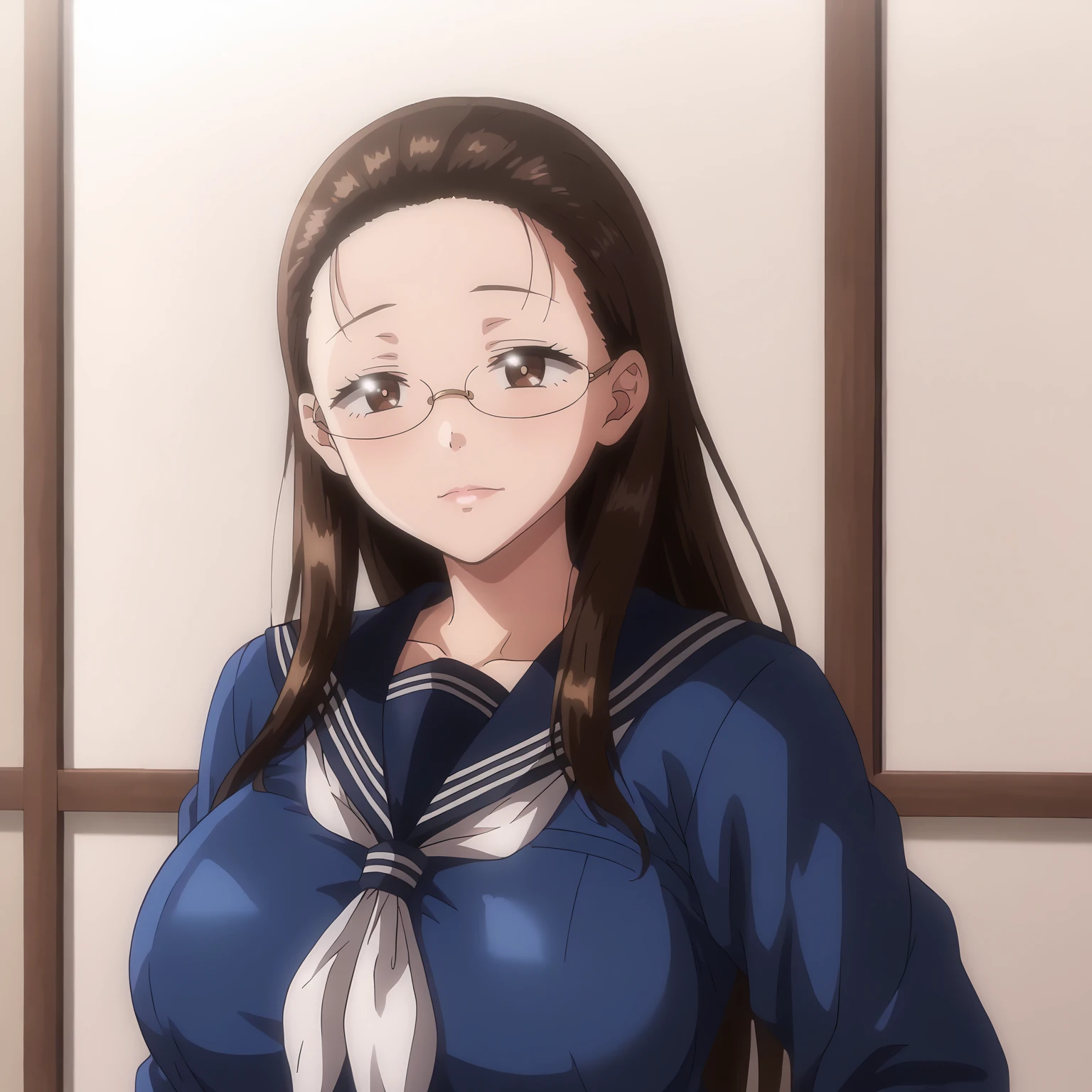 <lora:TomoeKisaragiXLpony001>,
solo,
TomoeKisaragi,1girl,brown hair,long hair,forehead,brown eyes,eyewear,
large breasts,
blue serafuku,